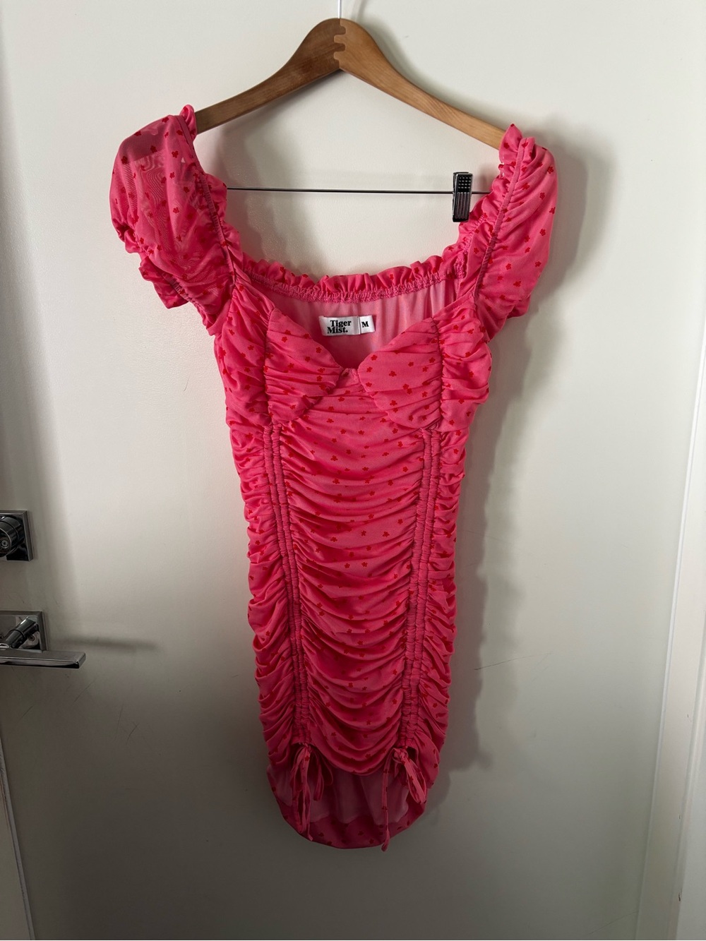 Tiger Mist Hot Pink Ruched Mini Dress with pink Heart Dots